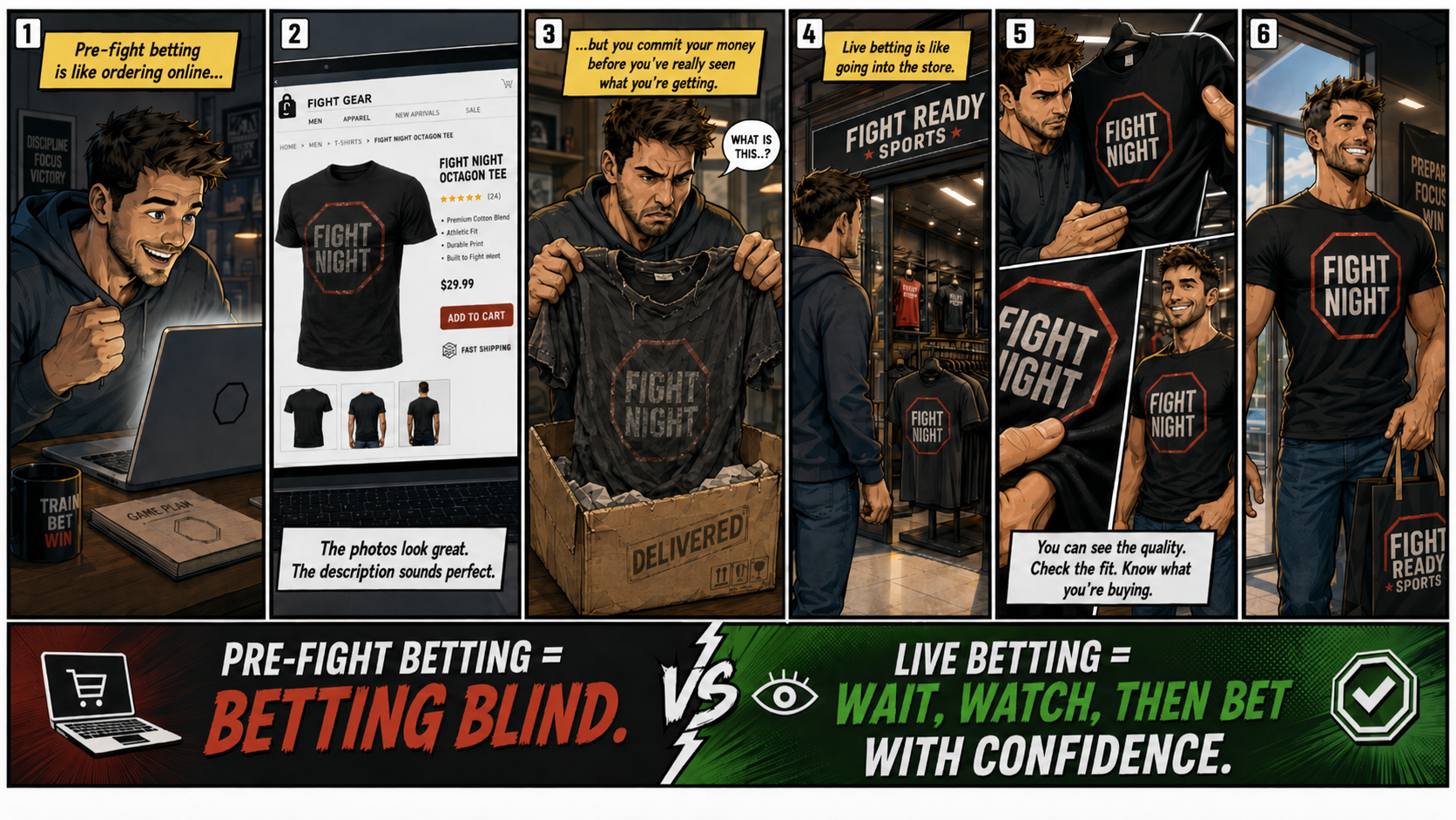 Comparison: pre-fight betting is like buying a t-shirt online — you commit before you can see it; live betting is like going into the store to inspect it first.